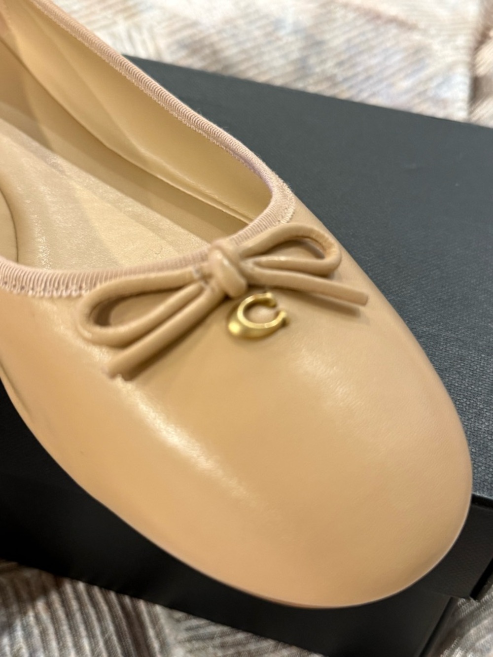 Coach Abigail Nude Leather Ballet Flat with Bow and Gold C Charm